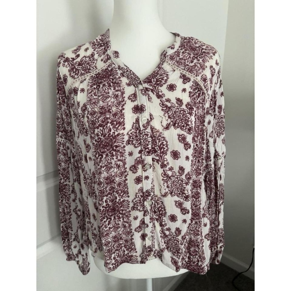 Hollister Boho Floral Print Cottagecore Blouse Womens M White Red Long Sleeve